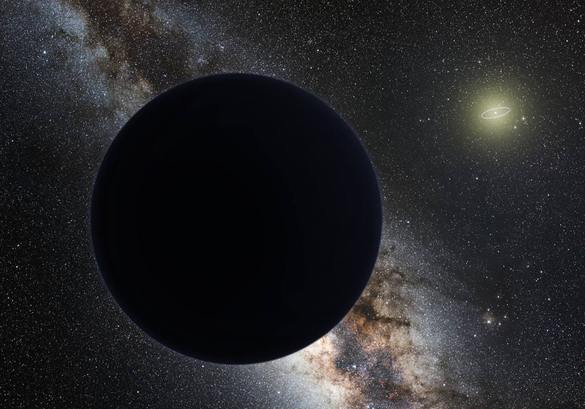 El Planeta Nueve, un gigante de hielo que supuestamente se oculta en la región exterior del Sistema Solar. Al fondo, el Sol tal y como se vería desde el planeta, según los cálculos de Mike Brown. El anillo representa la órbita de Neptuno
