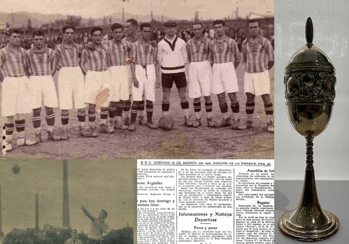 Arriba, uno de los onces del Betis en la gira alemana de 1925; a la derecha, la copa que le entregó al club verdiblanco el Viktoria de Forst, el trofeo más antiguo en el museo del Betis; abajo, imagen de un partido y recorte de ABC con el viaje